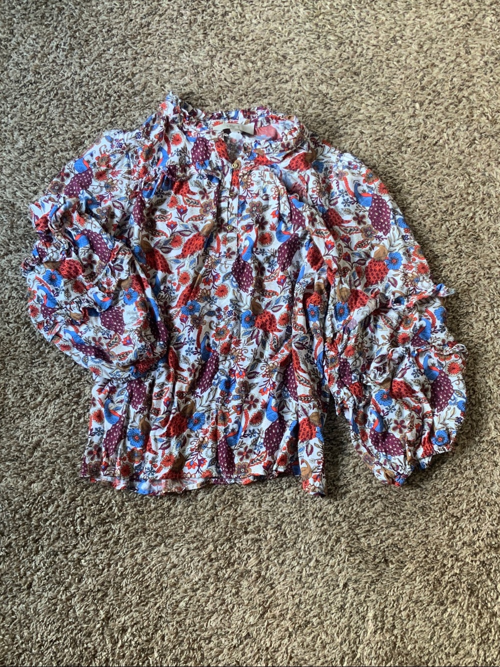 LOFT Floral Peasant Blouse in White with Red & Blue Print